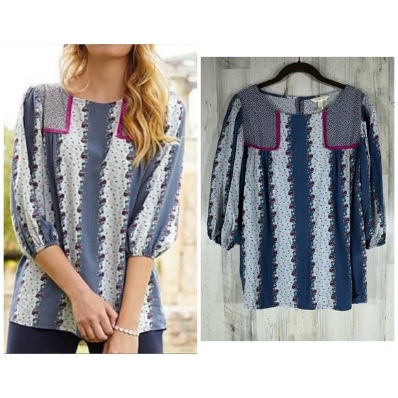 Matilda Jane Top Size Small Blue Multi Ditzy Floral Keyhole Neck 3/4 Sleeve Boho - Picture 1 of 8
